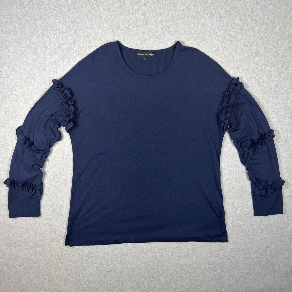 Catherine Malandrino Navy Blue Ruffle Sleeve Crew Neck Top Large